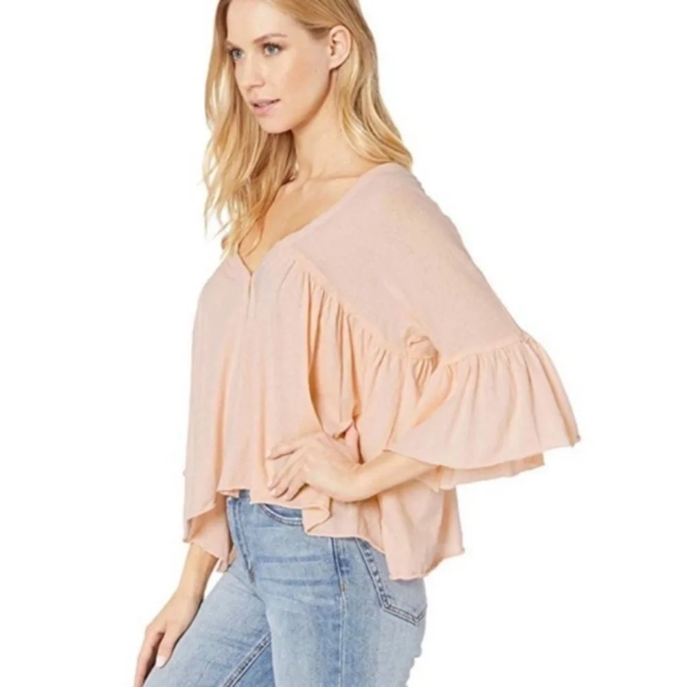 Free People Sweet Little Tee Pink Flounce Sleeve Top Size Small - Picture 2 of 8
